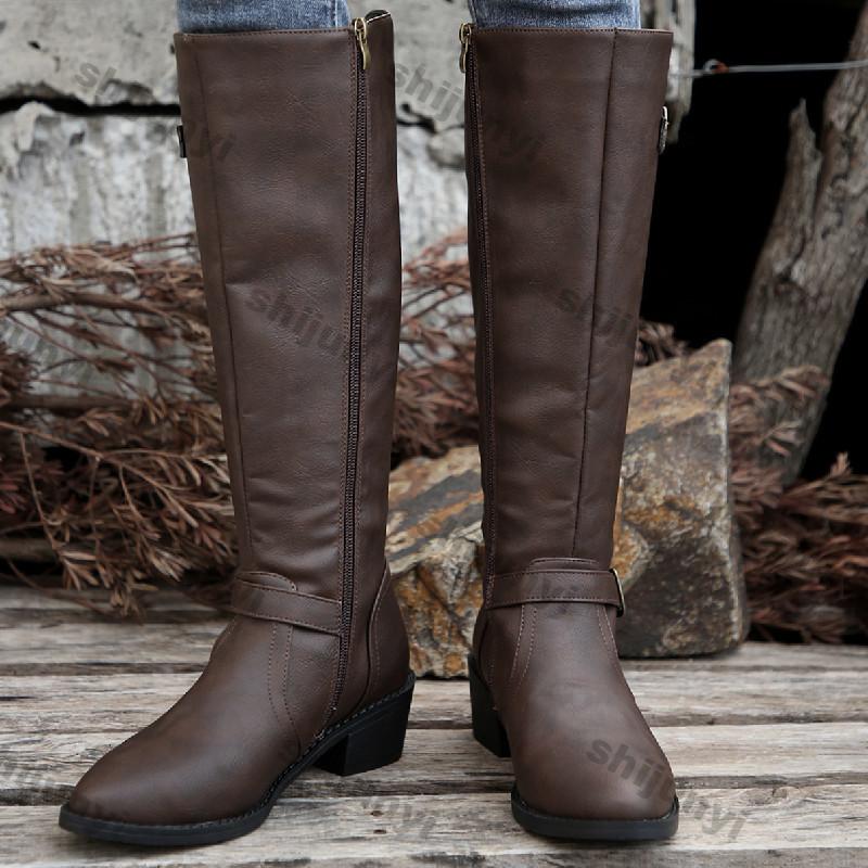 Modes Sieviešu Biezu Papēžu Gari Zābaki Rudens Ziemas PU Ādas Vidēja Garuma Zābaki Sieviešu Modes Sprādzes Siksna Sānu Rāvējslēdzējs Motociklu Zābaki