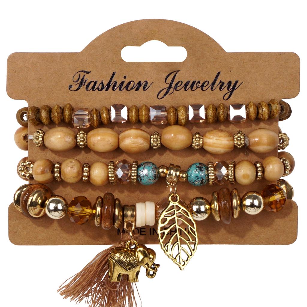 4pcs/set Boho Wooden Beaded Bracelet For Women Leaf Tassels Chain Bangle Bohemia Jewelry Accessory