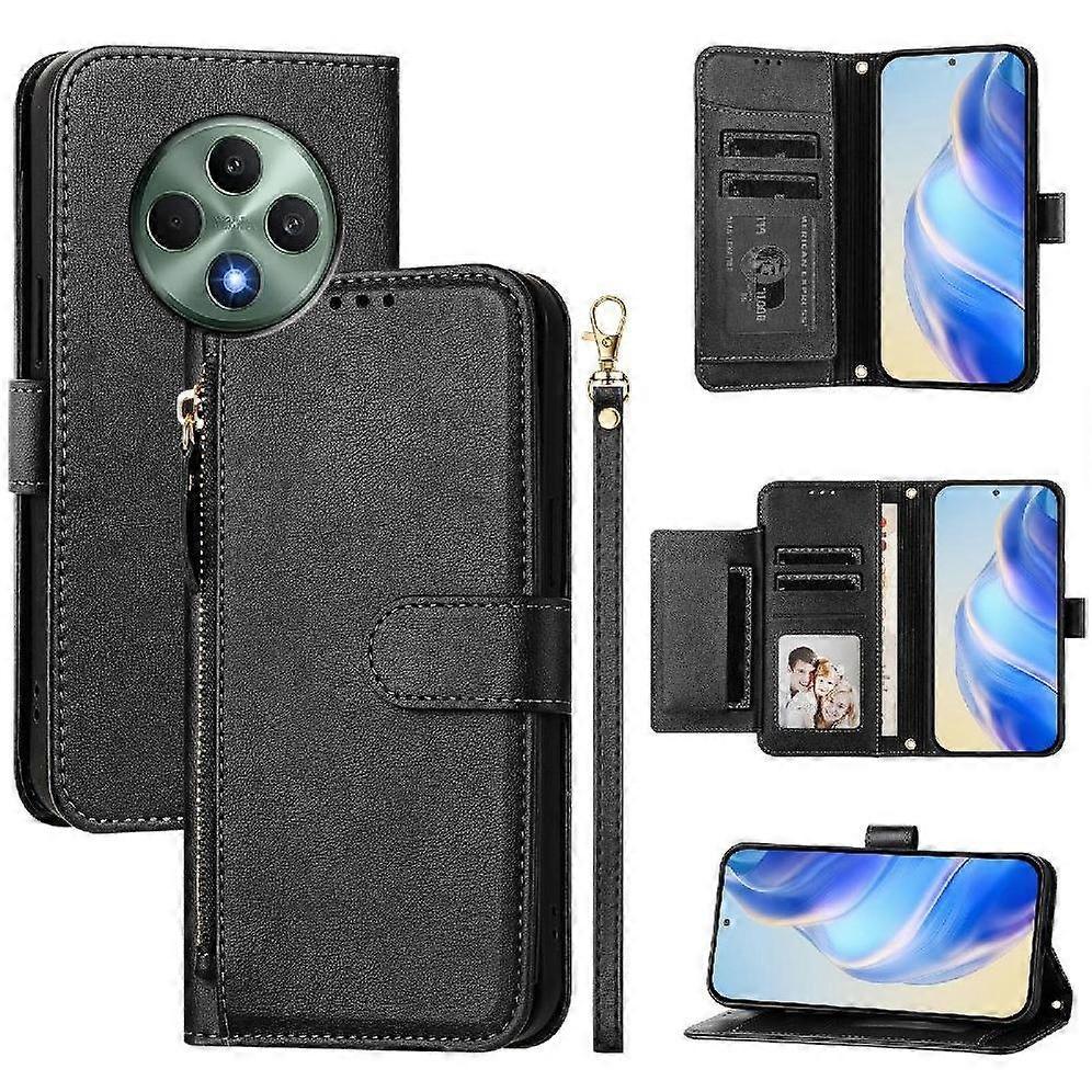 Wallet Phone Case for OPPO Reno 12F with Zipper Card Holder, Detachable Strap, Kickstand, Magnetic Closure