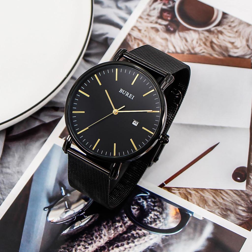 BUREI Men's Analog Quartz Watch with Date Display, Waterproof, Popular, Simple, Stylish, Milanese Mesh Strap, Perfect for Commuting (Gold, Black, Stai