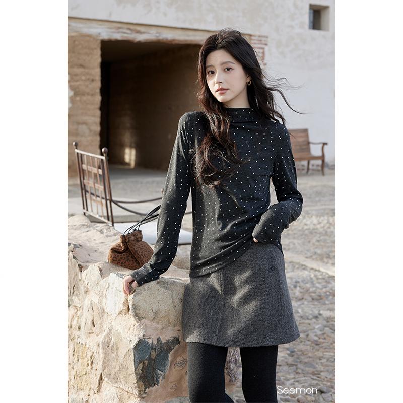 

Yimeng 2025 Winter Polka Dot Half-High Neck Base Layer T-shirt Small