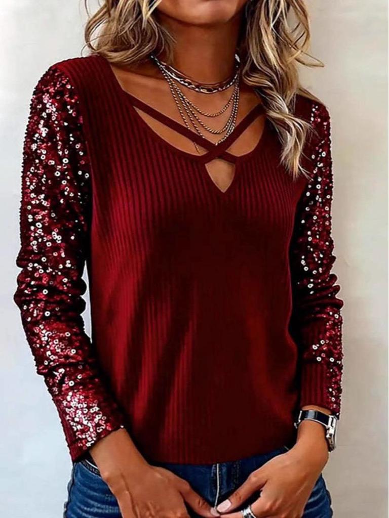 2025 Sequin Patchwork V-Neck Long Sleeve Women's Top