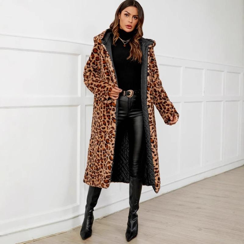 Autumn and Winter Leopard Print Coat Cold-proof Plush Long Women's Hooded Imitation Fur Jacket Top Trench Coat