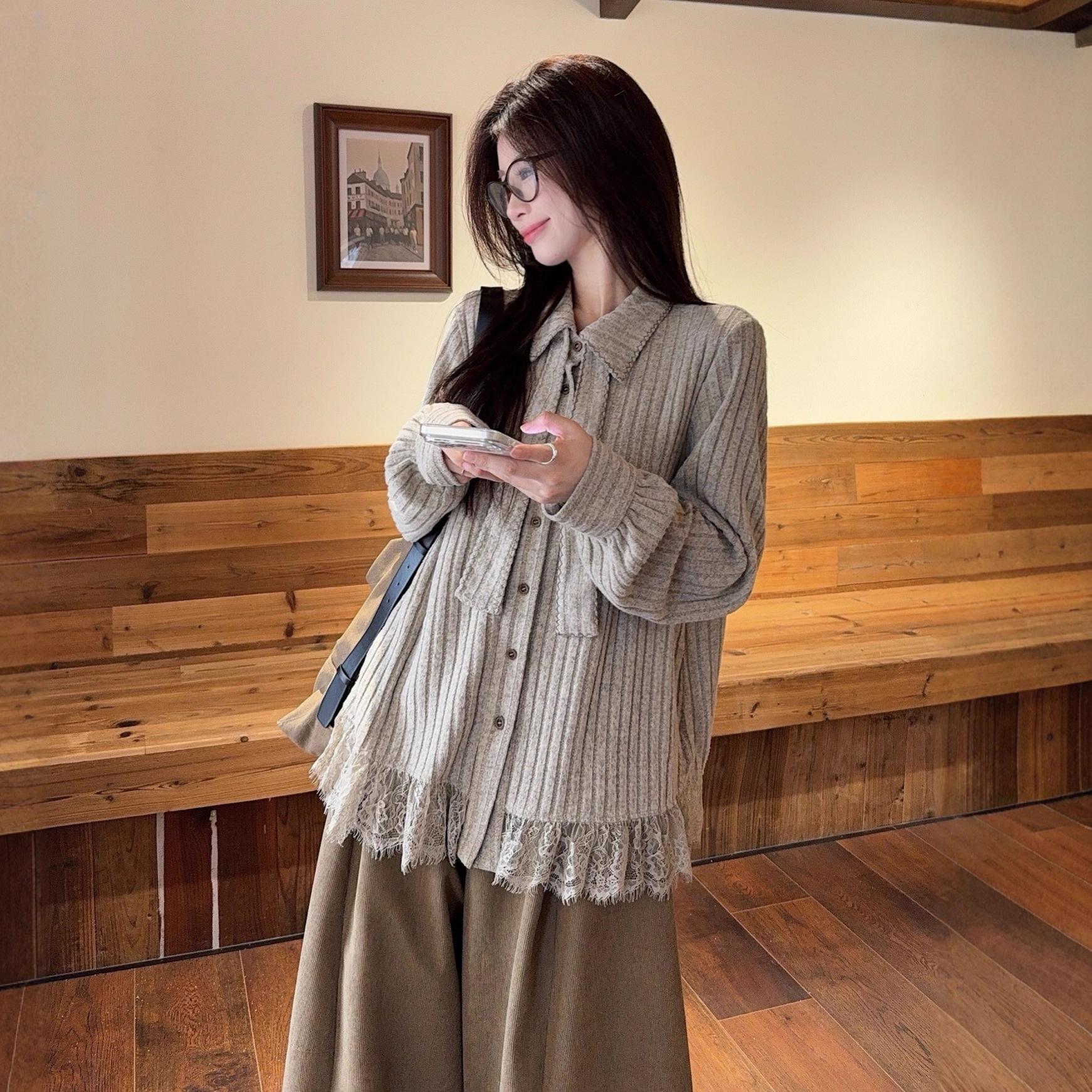 Women s Retro Lace Patchwork Knit Long Sleeve Shirt - 2026 Autumn/Winter Loose Fit XL
