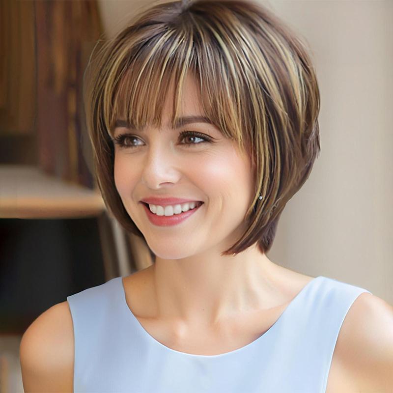 Women's Fashion Short Straight Wig, Brown Mix Highlight High-Temperature Fiber Synthetic Hairpiece