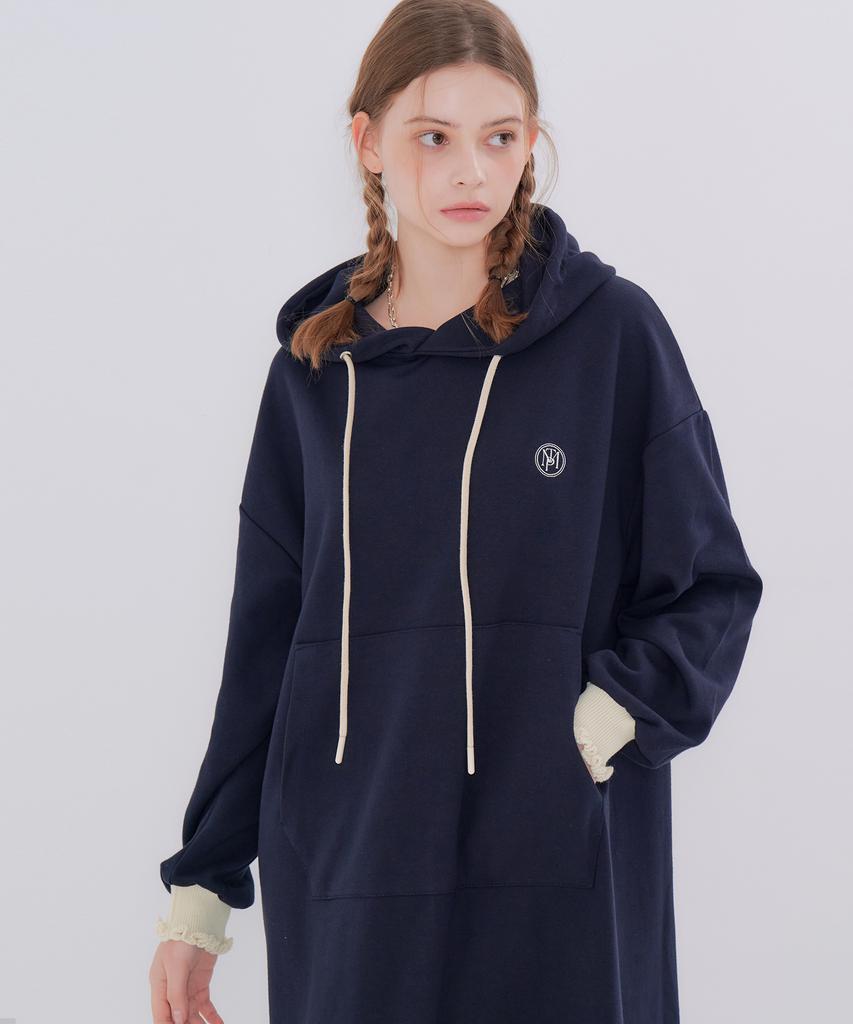Metapeo Shirred Point Hooded Long Dress Navy