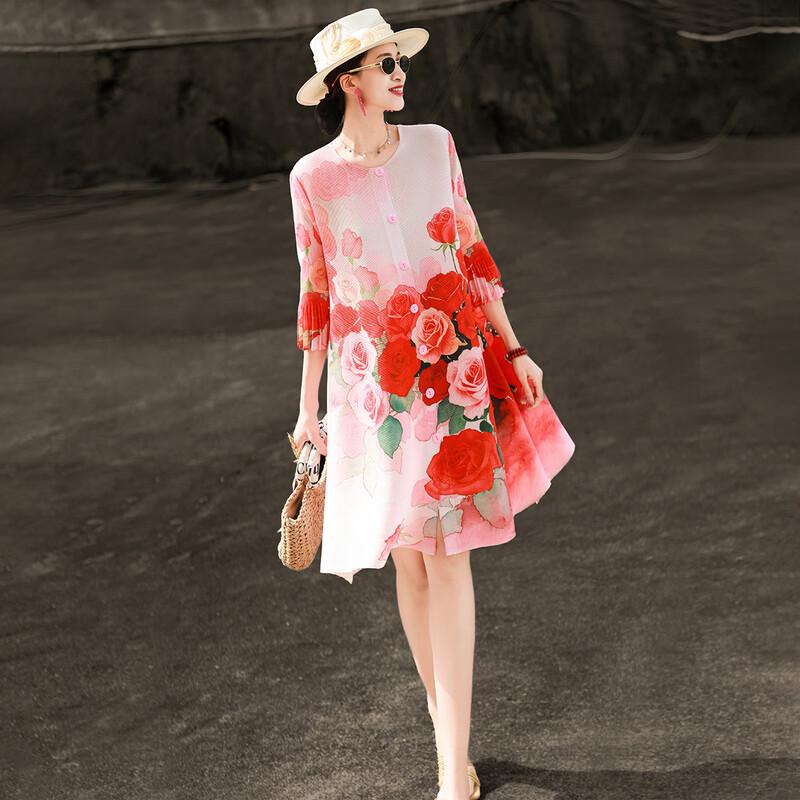 Lanser 2026 Summer Rose Print Pleated A-Line Midi Dress One Size