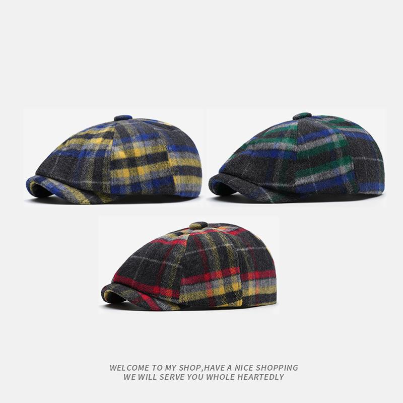 Color Check Octagonal Cap Men Women Autumn Winter Wool Warm Forward Cap British Newsboy Cap Beret
