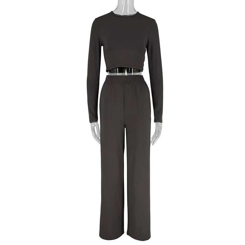 

Fashion Wind New Arrival Casual Long Sleeves Top and Trousers Suit Slim Fit T-shirt and Pants Set Brown M