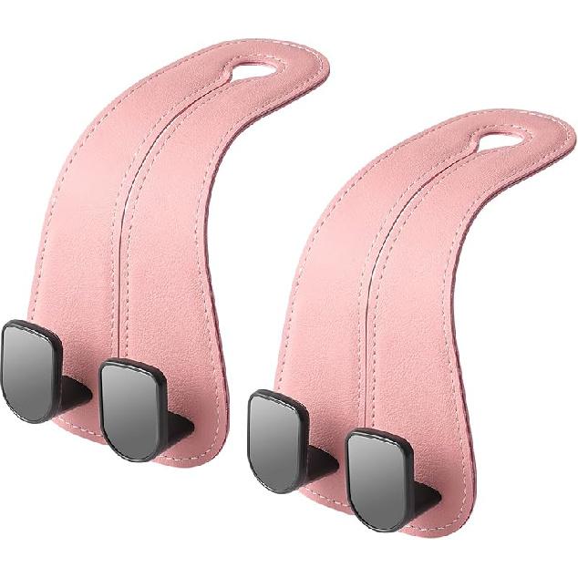 2 Pack KAFANLIN Car Headrest Hooks For Purses And Bags Cute Leather Car Seat Back Head Rest Double Hooks For Bags Cute Pink Beige Car Accessories