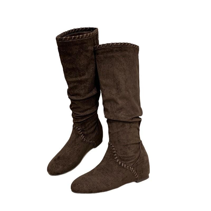 2025 new fashion splicing casual round head knight boots women's autumn and winter retro European and American height-increasing and thin fashion boot