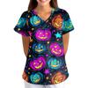 Women's Halloween Printed V-Neck Short Sleeve Scrub Top with Pockets Loose Fit