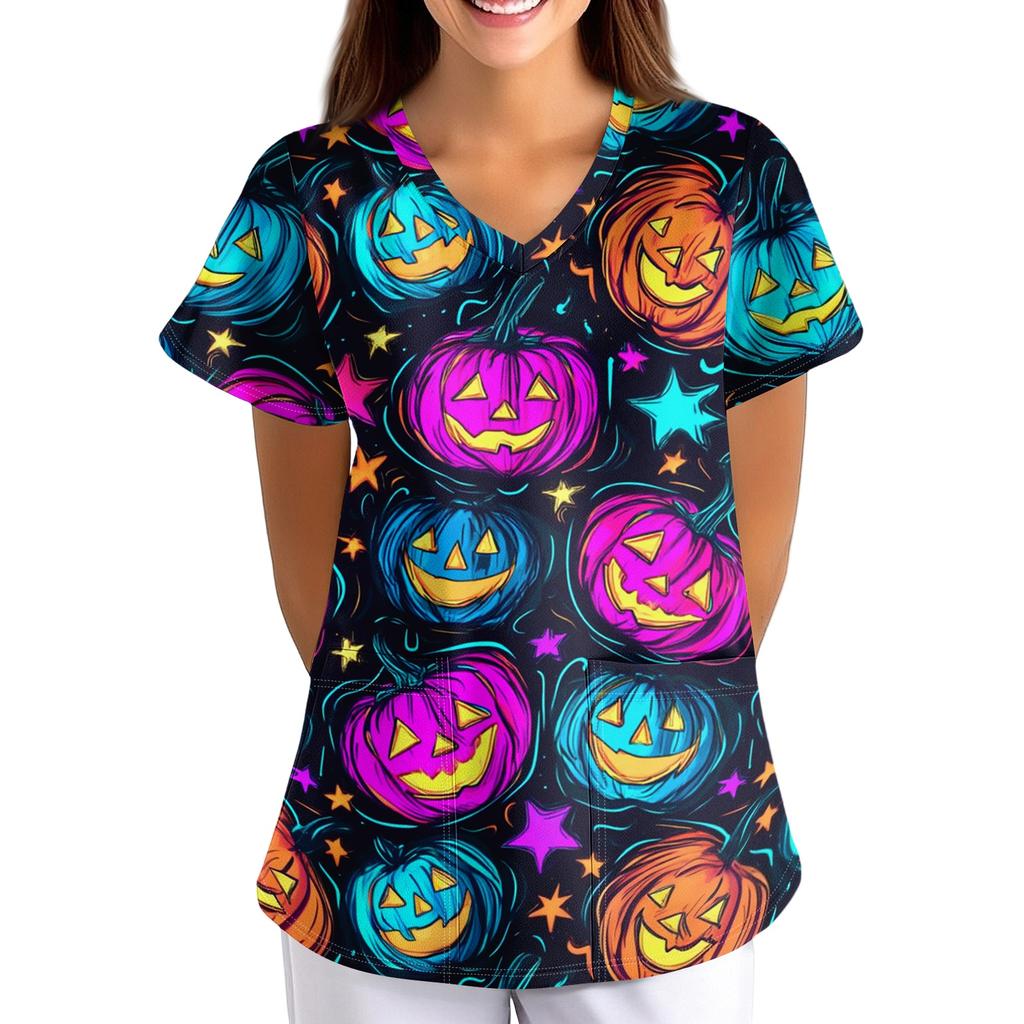 Women's Halloween Printed V-Neck Short Sleeve Scrub Top with Pockets Loose Fit