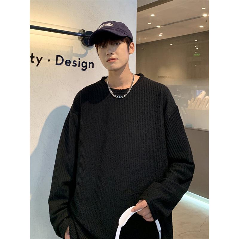 Men's Solid Color Long Sleeve Jacquard T-Shirt - Trendy Scruffy Hong Kong Style, Loose Fit for Couples.