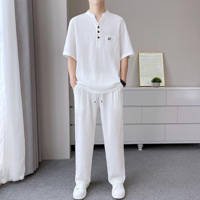 Men's Summer 2026 Ice Silk V-neck Polo Shirt & Long Pants Matching Set