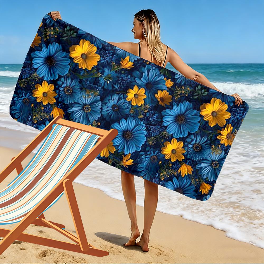 Blue and Yellow Floral Pattern Beach towel quick-drying for travel outdoor sports jogging beach and swimming