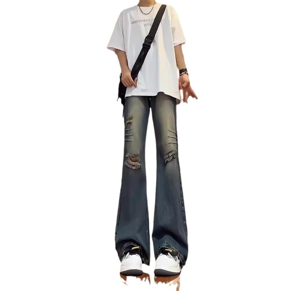 Semi-elastic jeans men's and women's summer thin ripped pants American high street vibe straight-leg micro-pull pants