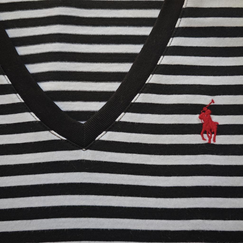 Polo Ralph Lauren Striped Logo Embroidered V-Neck Short Sleeve T-Shirt Women T-Shirts Black White 211698035-045