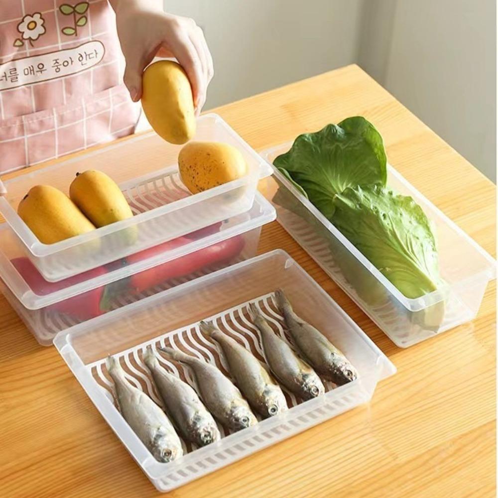 New Transparent Food Storage Box with Lid Sealed Refrigerator Organizer Drain Tray Frozen Storage Box Refrigerator