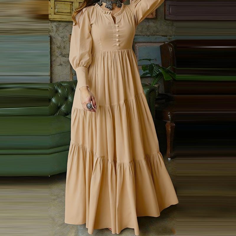 ZANZEA Women Casual V-Neck Solid Color Long Sleeve Loose Long Dress