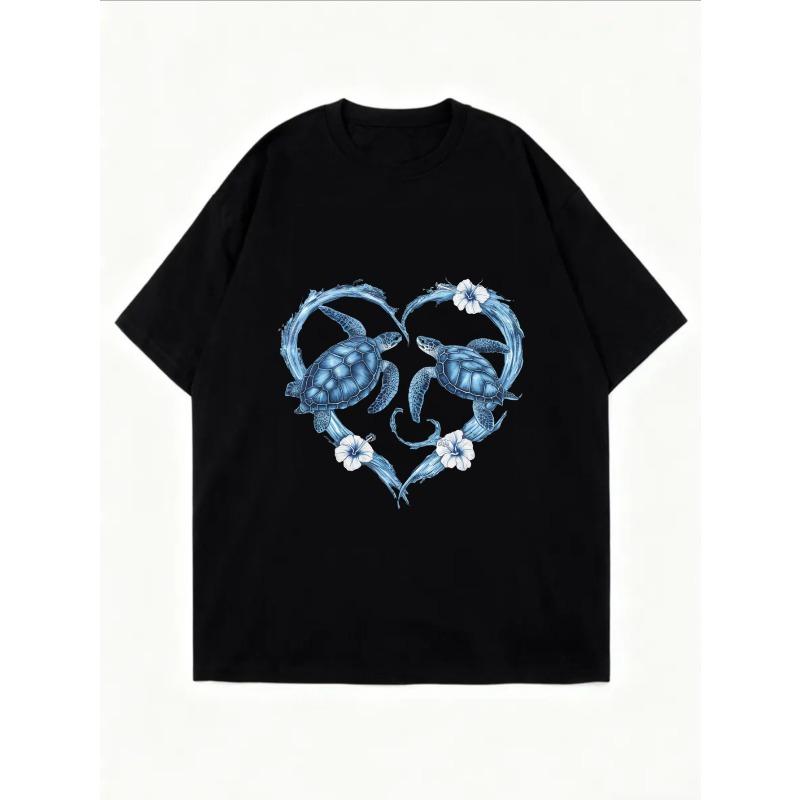 Women Casual Loose T Shirt White Turtle Heart Print Summer Top For Beach And Daily Wear