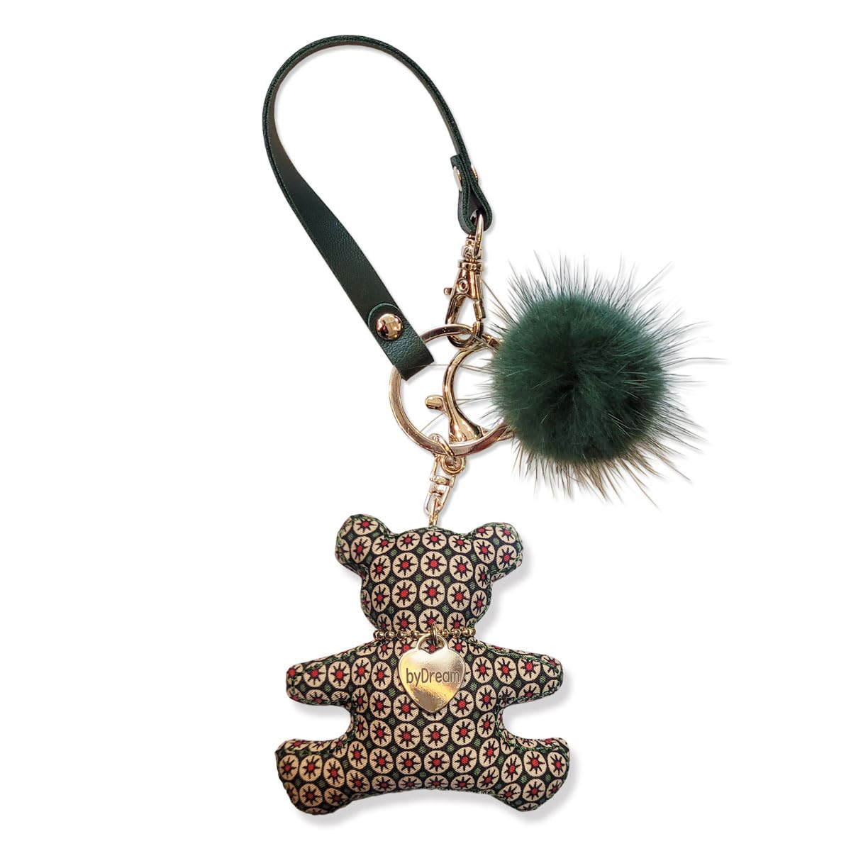 

Bear Bear Bag Plush Bear Keychain with Fabric and Genuine Leather Real Mink Leather with Stylish and Cute Bag Animal Christmas Gift [byDream] зелёный