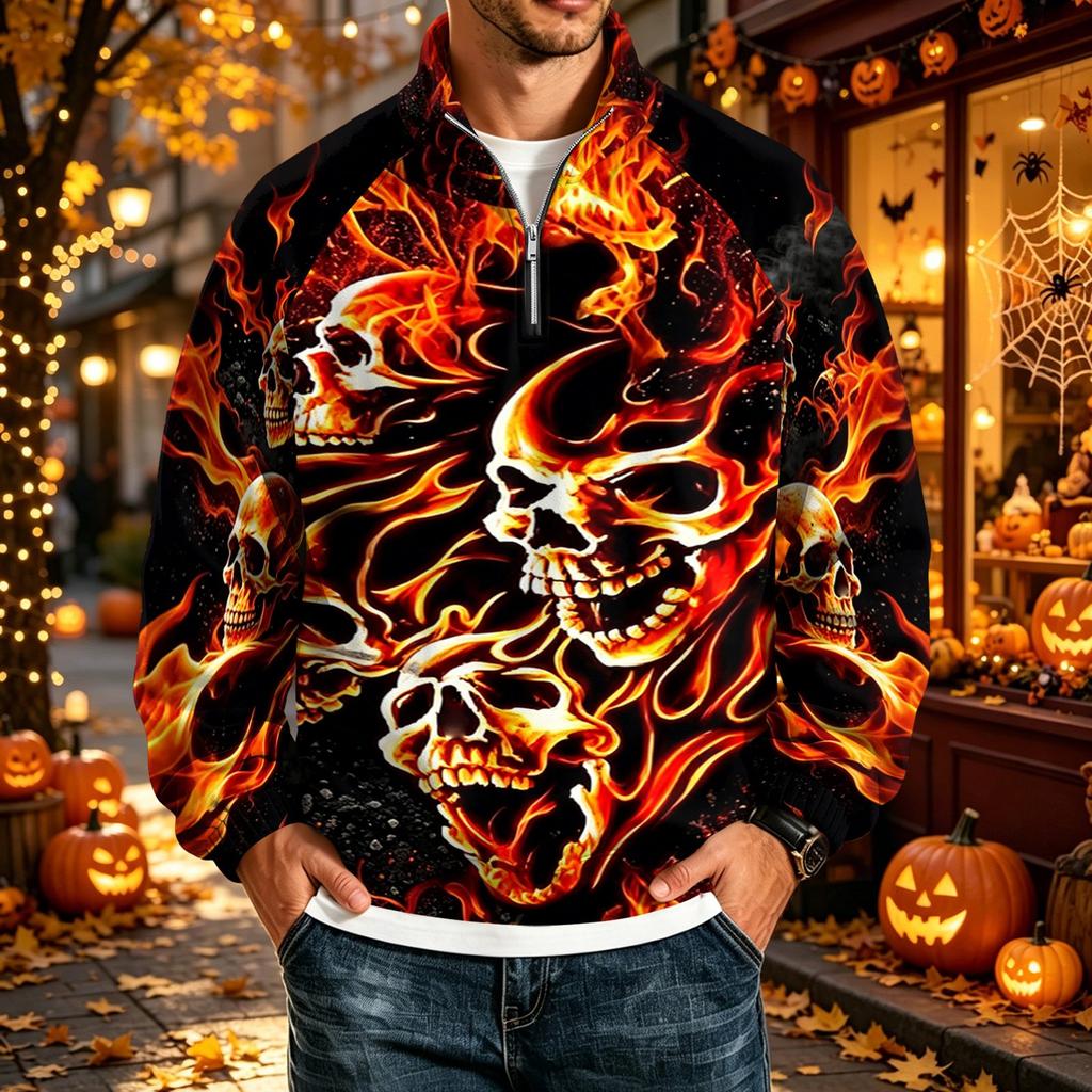 Men's Halloween Print Raglan Sweatshirt Loose Fit Stand Collar Casual Top