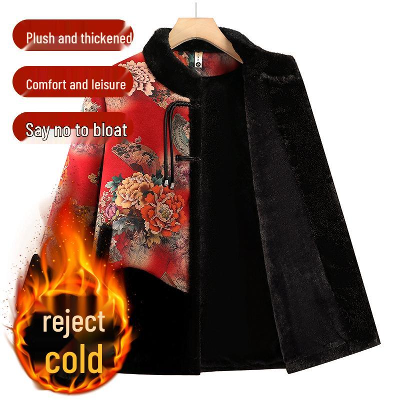 Stylish Winter Coat for Middle-aged and Elderly Women with Velvet Lining - Loose Fit, New Chinese Style