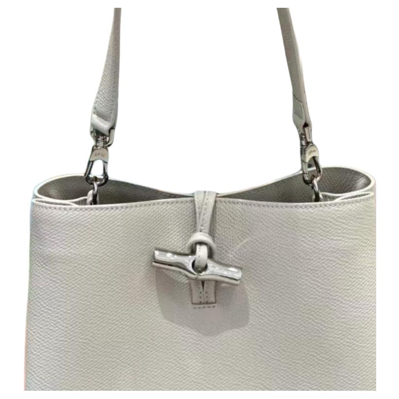 Longchamp Le Roseau Silver Metal Bamboo Grain Cowhide Hobo Bag Medium Women Bags Clay-Gray 10315HFP266