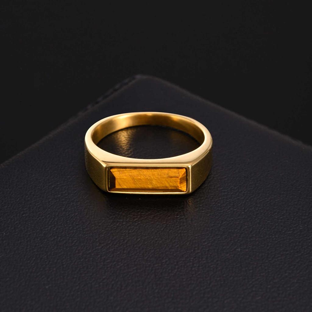 Vintage Square Natural Stone Signet Ring for Men, Minimalist Gold Plated Stainless Steel Rings, Fashion Jewelry Gift to Father
