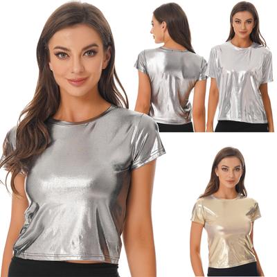 Women Shiny Pullover Top Women Short Sleeves Tank Top Casual Wear T-Shirts for Street Dance Rave Party