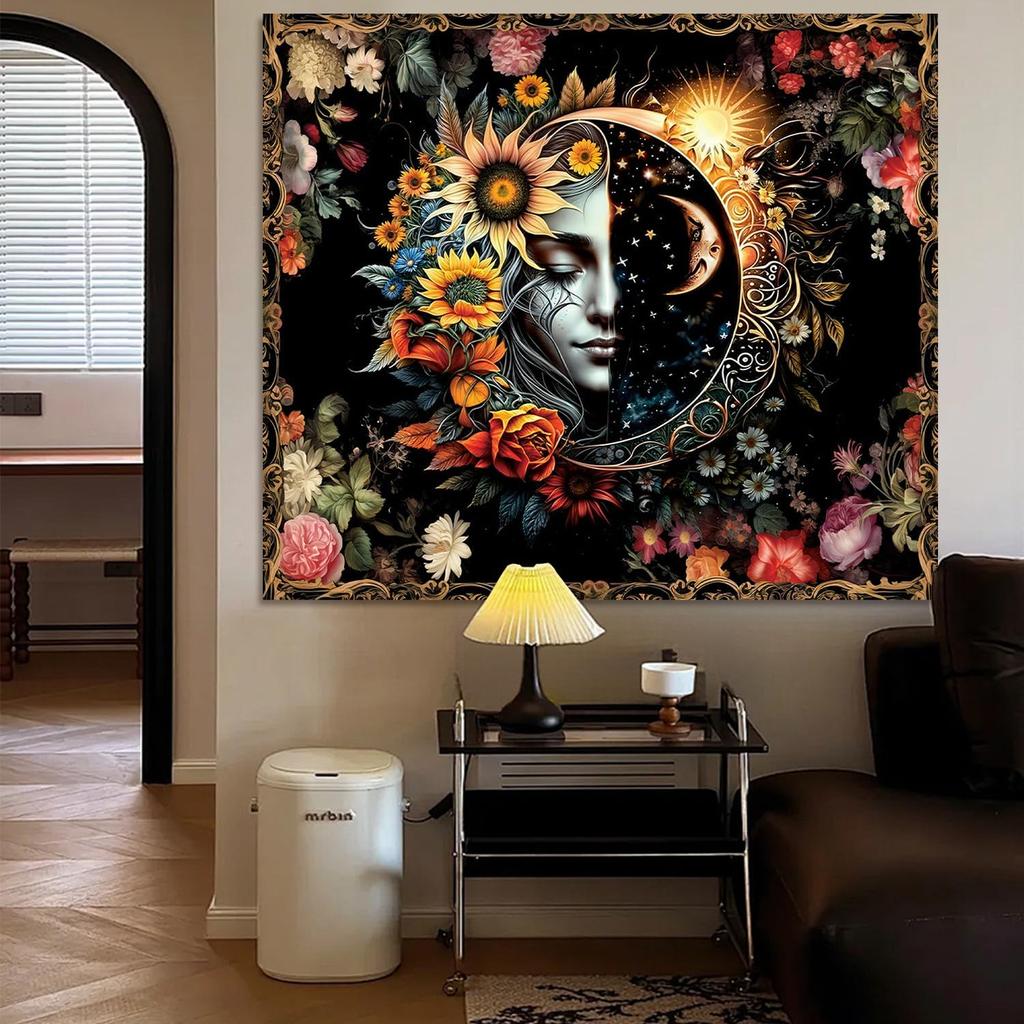 Sun and Moon Tapestry,Psychedelic Mystic Floral Tapestry Wall Hanging Modern Aesthetic Tapestry Hippie Boho Wall Art for Home Decor Bedroom Living
