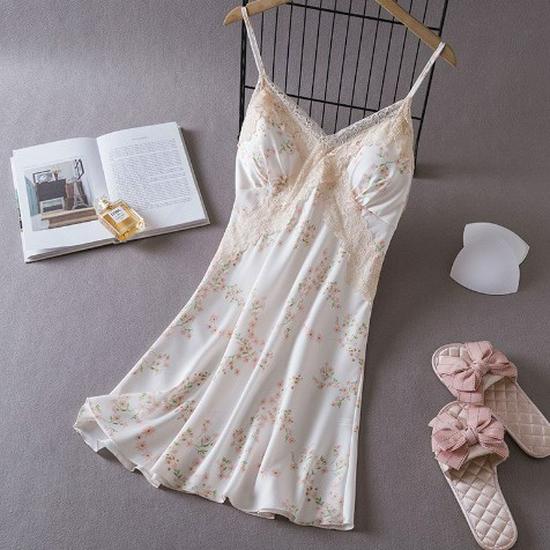 Summer Lace Camisole Nightgown with Removable Pads - Women's Sexy Ice Silk Pajamas