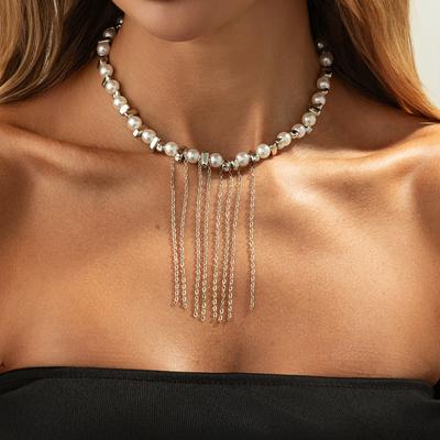 Salircon Exquisite Baroque Imitation Pearl Tassel Necklace Women Boho Adjustable Irregular CCB Beaded Clavicle Chain Y2K Jewelry