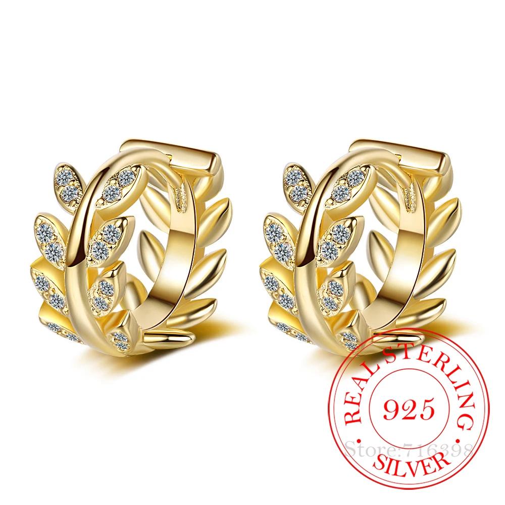 SALES Fine Wedding Jewelry Gold with 925 Sterling Silver New Crystal Olive Branch Earring Korean Leaf Hoop Earrings for Women