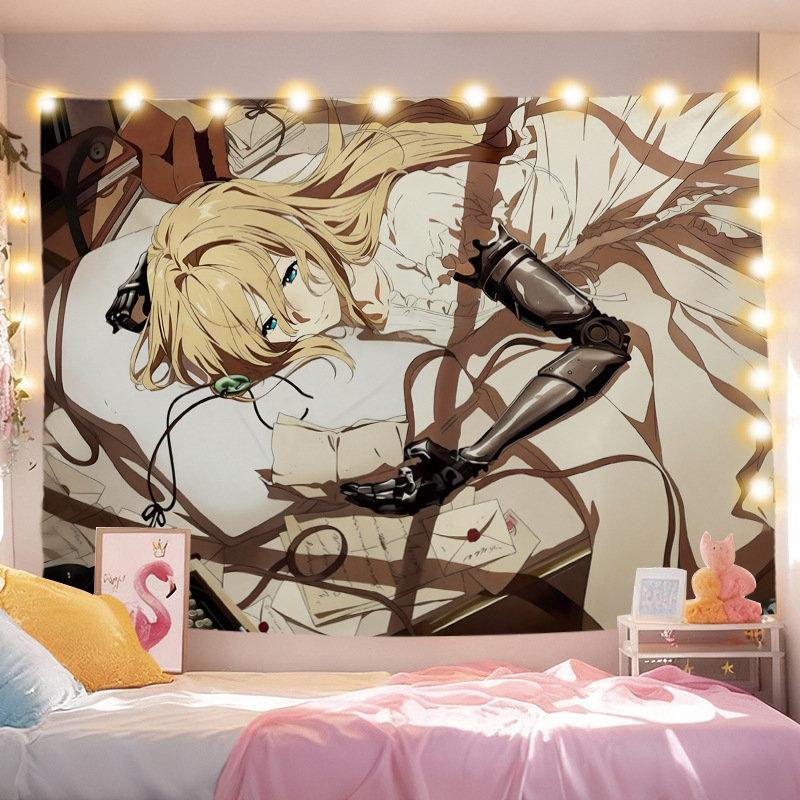Blonde Anime Girl Meadow Suitcase Tapestry Wall Hanging Green Spring Flower Aesthetic Wall Art Otaku Dorm Bedroom Decor
