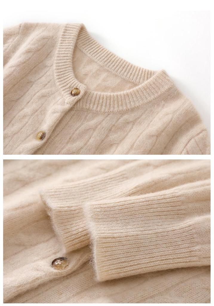 Women's French Style Cable Knit Cashmere Cardigan - Round Neck, Solid Color, Thick, Versatile, Loose Fit Sweater.