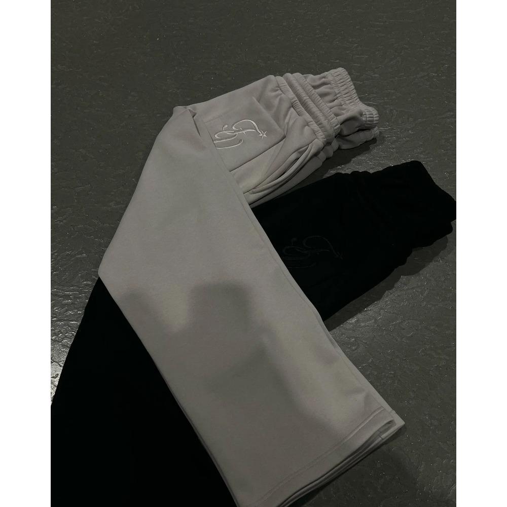 American Retro Double Layer Sweatpants Y2K Pants Mens Womens Solid Color Letter Graphic Embroidered Casual Baggy Sweatpants