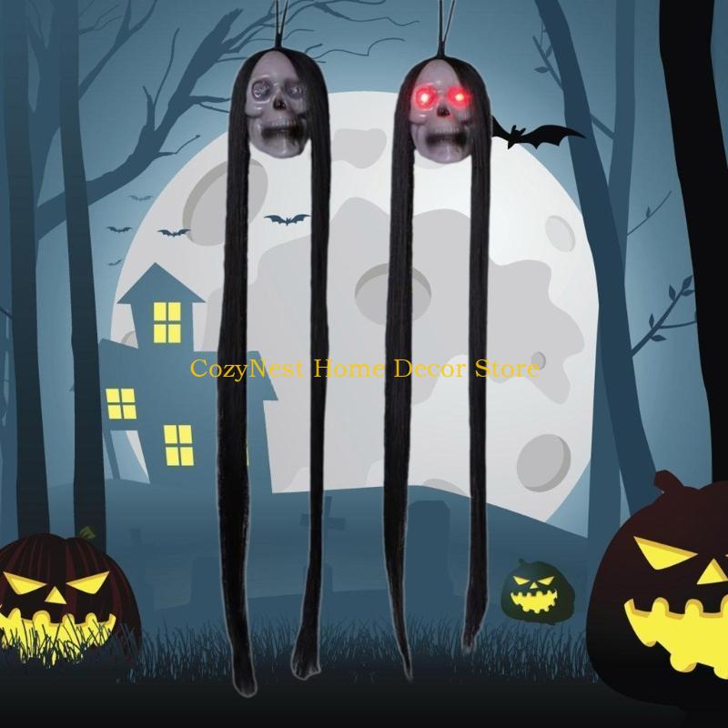 92MF Halloween Yard Decoration Flashing Eye Terrifying Long Hair Skull Party Props