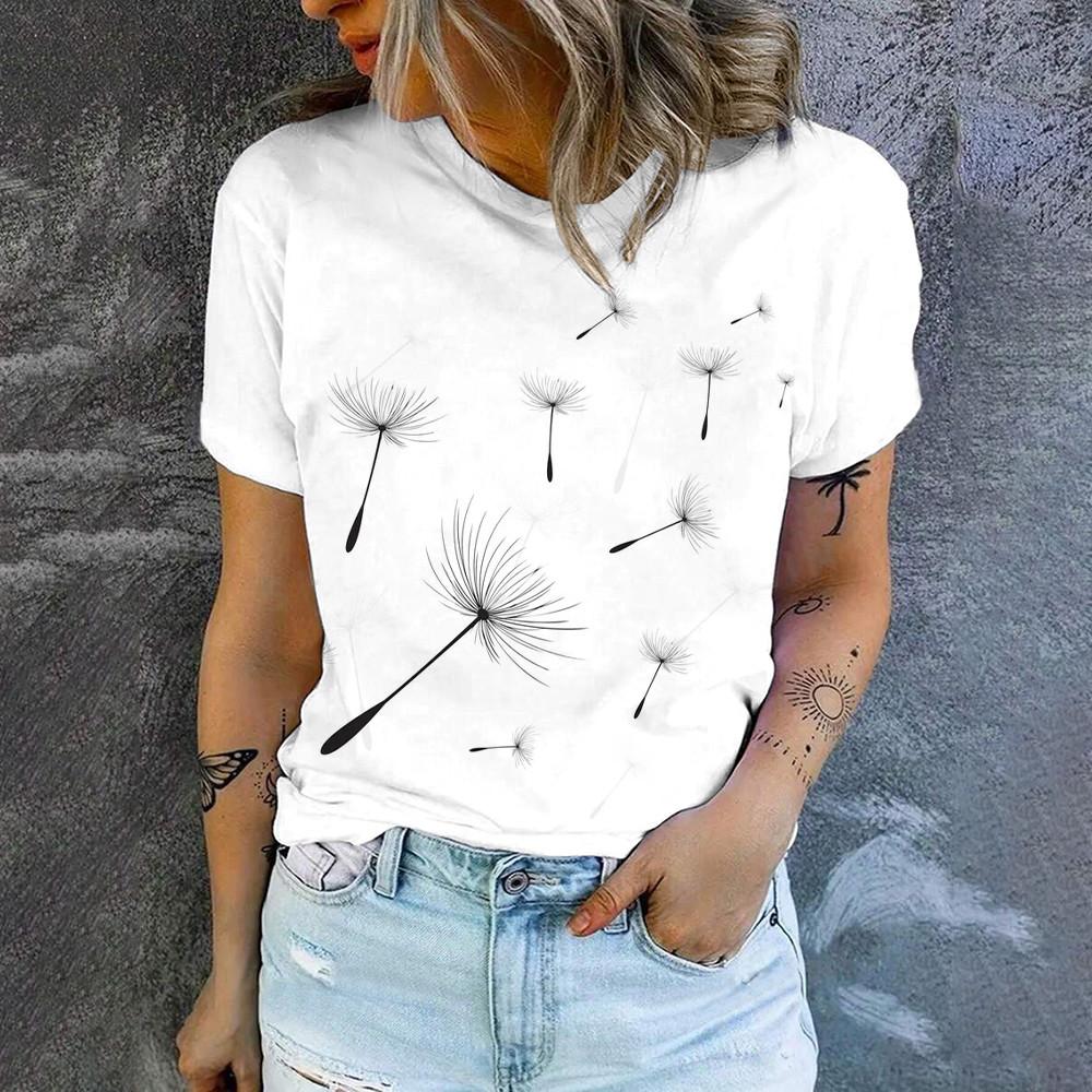 Camiseta de manga corta holgada y transpirable con estampado de diente de león para mujer, camiseta de verano de alta calidad, nueva y sencilla camiseta de cuello redondo