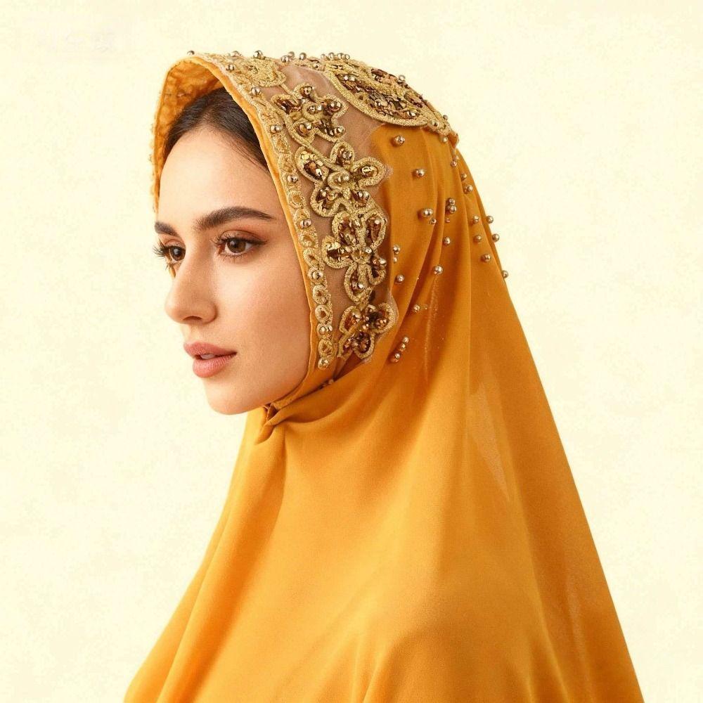 Silk Islamic Turban Gold Beads Women Headscarf Fashion Sequin Wraps Shawl  Party