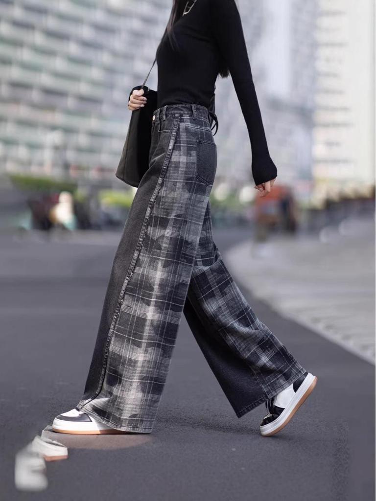 High-Waist Retro Plaid Patchwork Jeans: Loose, Slimming, and Versatile Wide-Leg Pants for Autumn/Winter
