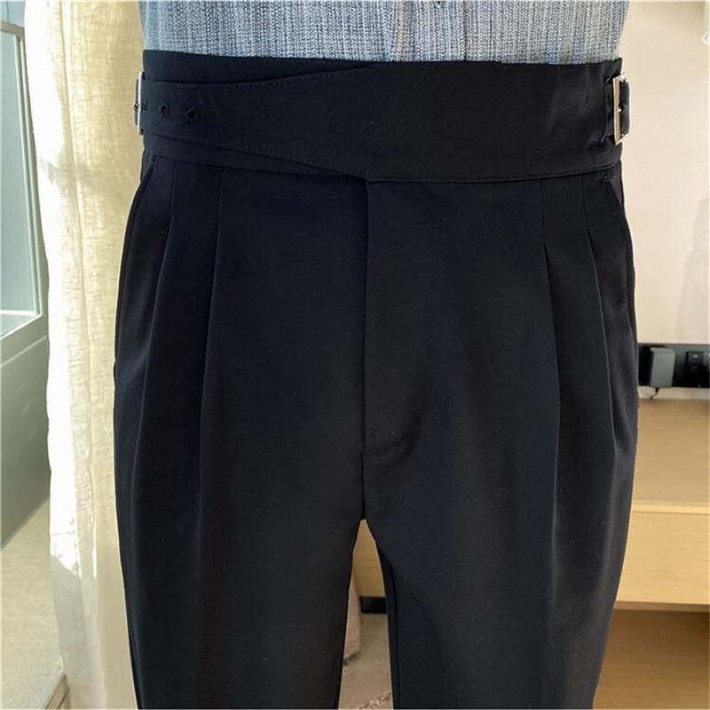 British Style Men High Waist Casual Pant Men Belt Design Slim Trousers Formal Office Social Wedding Party Pants