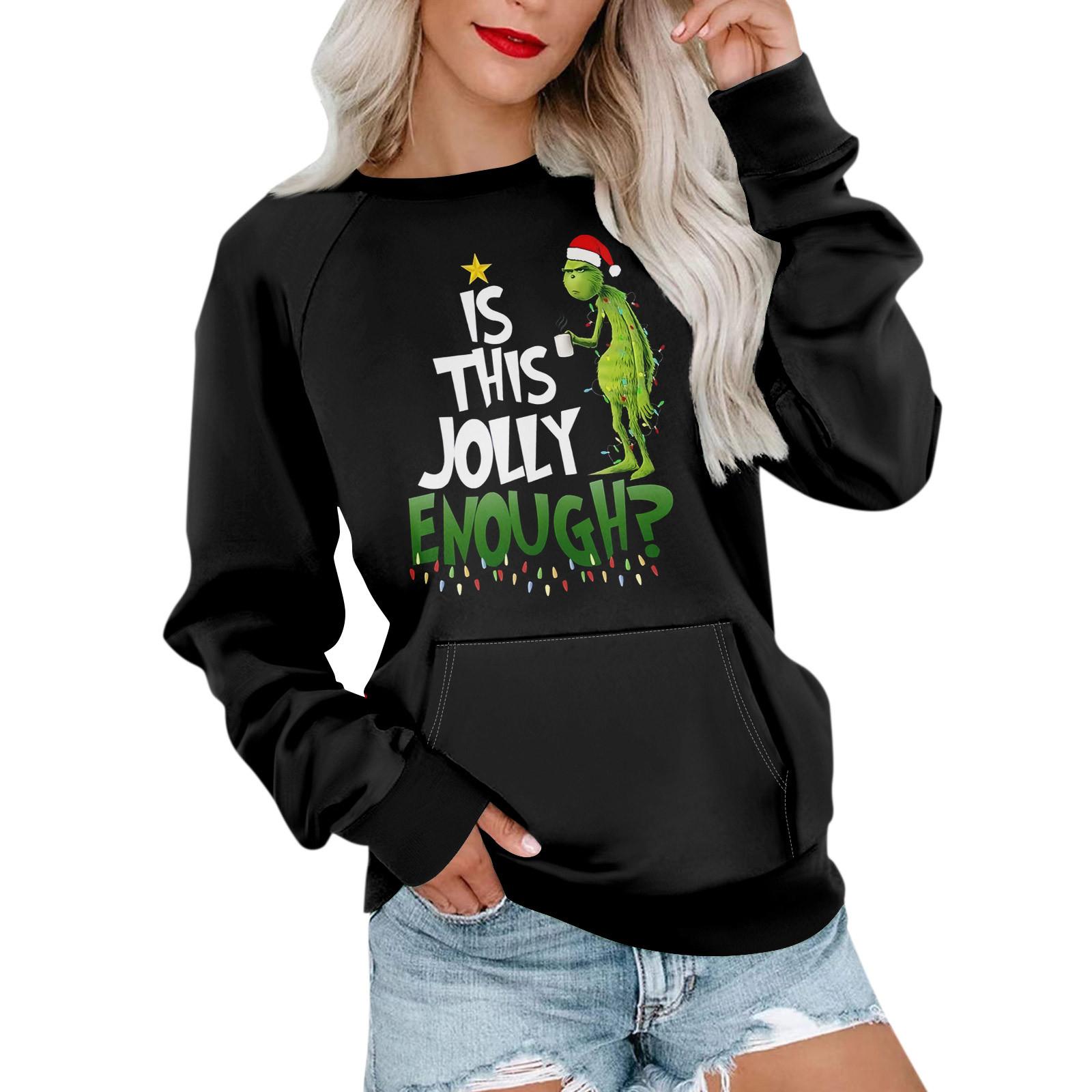 

Жіноча толстовка з довгим рукавом, повсякденна, з круглим вирізом, милий пуловер, легкий світшот із принтом і кишенею M чорний