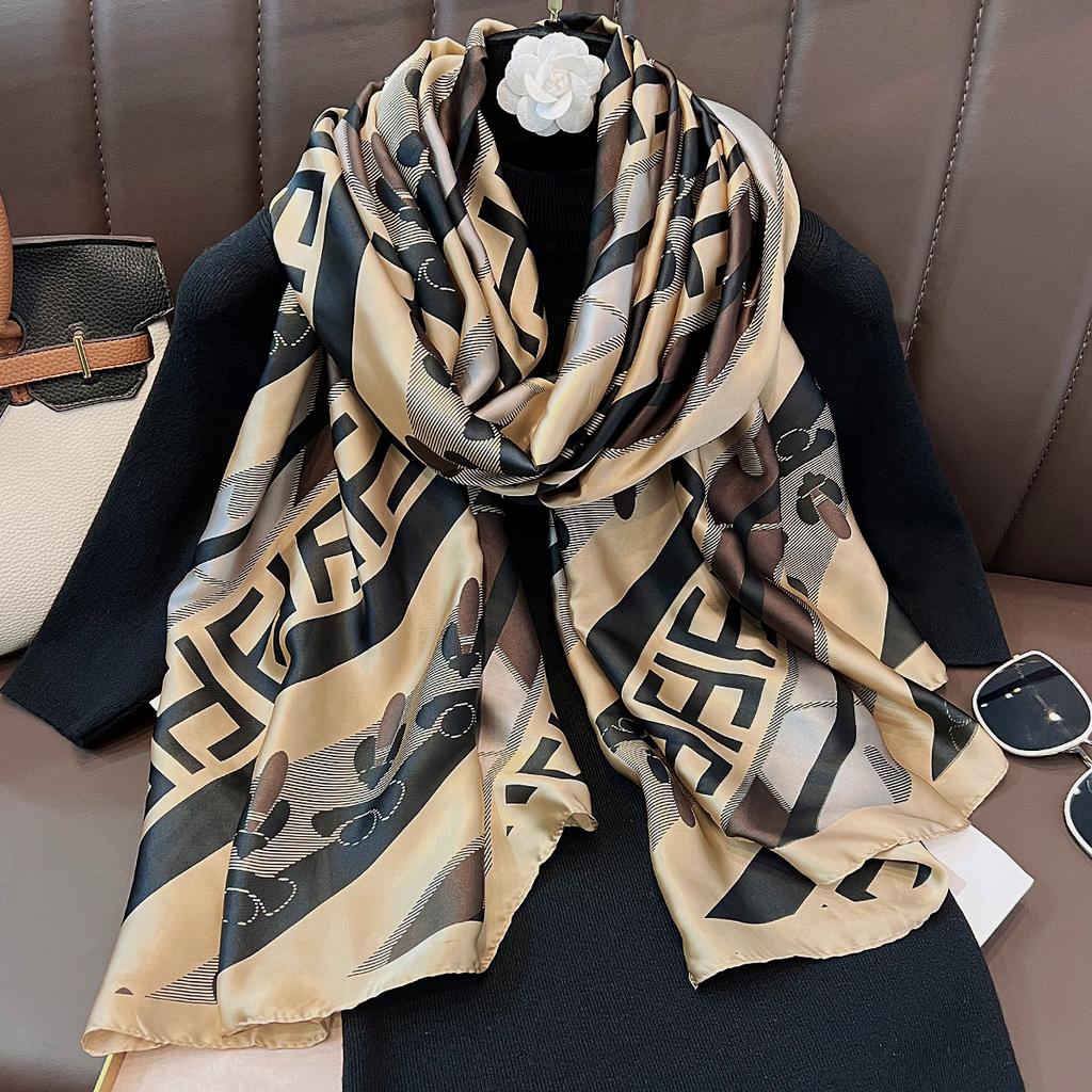 Korean version of the new simulated silky brocade silk scarf fashionable versatile long scarf summer seaside travel sunscreen beach towel