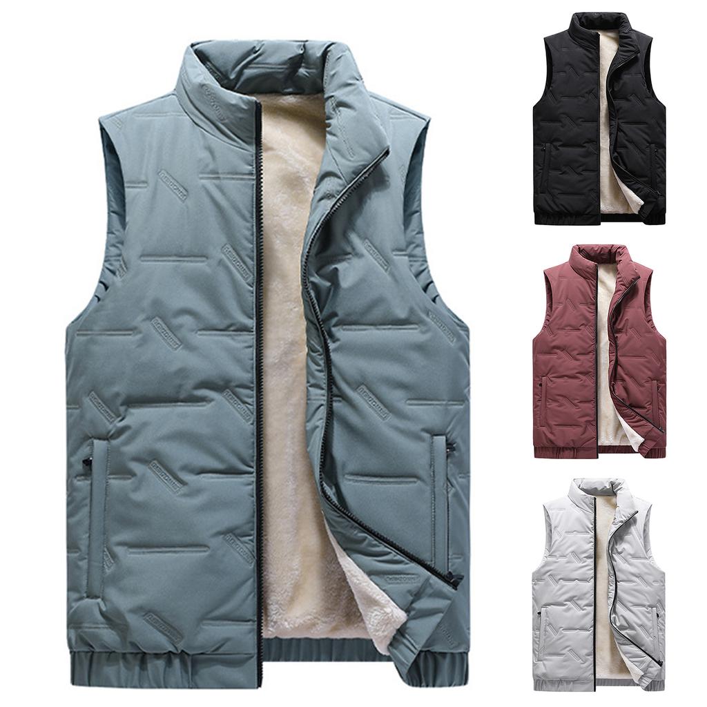 Men's Casual Solid Color Zipper Vest, Men's And Women's Stand-up Collar With Fleece Vest Jacket