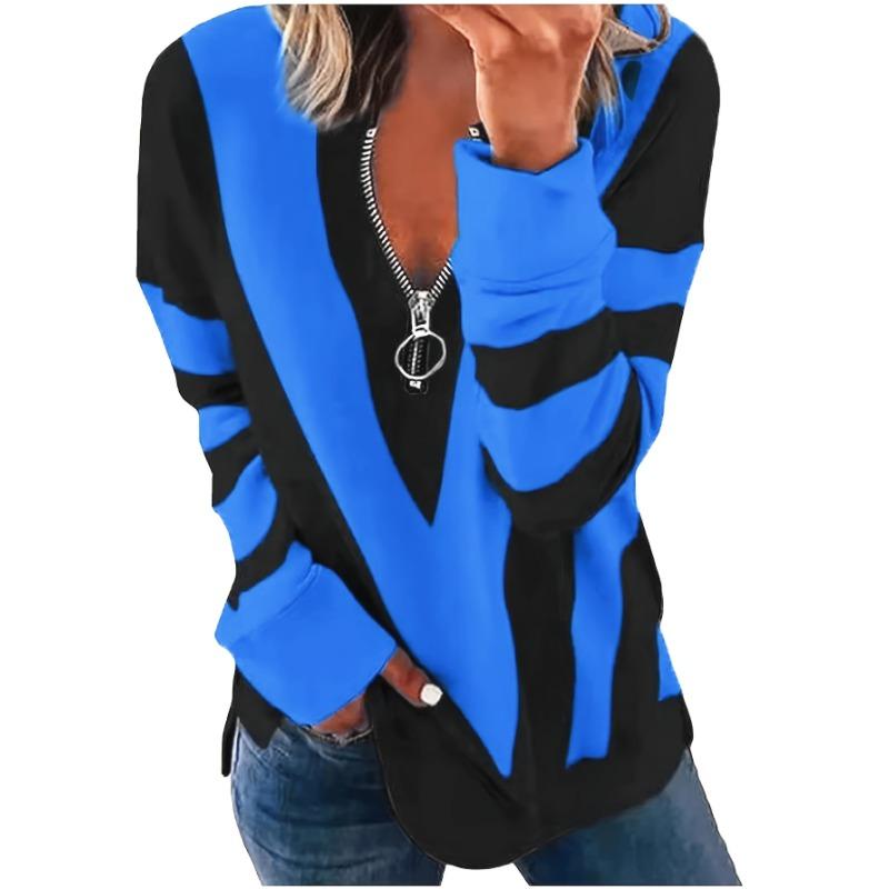 Women's Geometric Stripe Print Zip Long Sleeve T-Shirt Top
