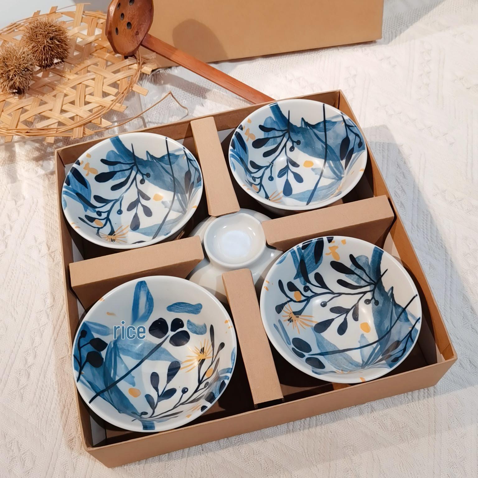 Japanese Hand-Painted Ceramic Bowl Set, 5-Piece Gift Box 4.5 Bowl - 5-Piece Box