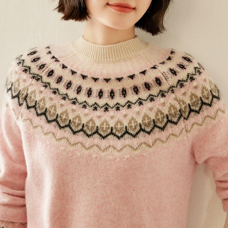 Women's Fair Isle Jacquard Cashmere Sweater - Versatile Round Neck Knit for Autumn/Winter