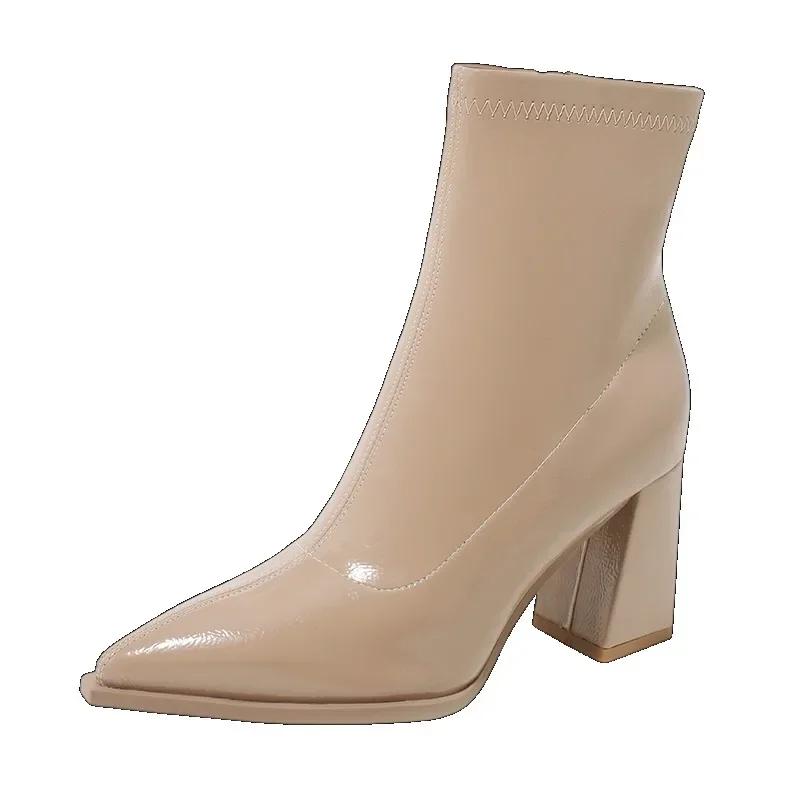Fashion Autumn Womnen's High Heel Ankle Boots New Winter Plus Velvet Pointed Toe Chunky Heel Chelsea Boots for Women Heeled Sheos Dress
